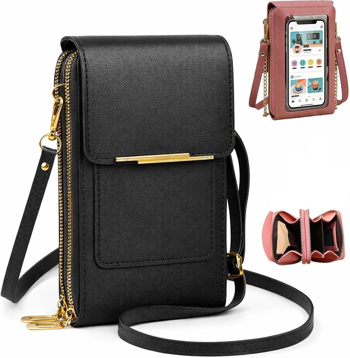 Crossbody Phone Wallet, Anti Theft Leather Bag, Compact Travel Purse with RFID Protection for Hands Free Access