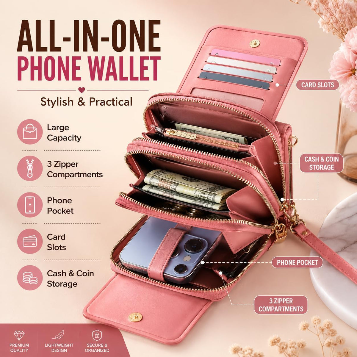 Crossbody Phone Wallet, Anti Theft Leather Bag, Compact Travel Purse with RFID Protection for Hands Free Access