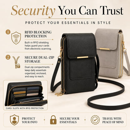 Crossbody Phone Wallet, Anti Theft Leather Bag, Compact Travel Purse with RFID Protection for Hands Free Access