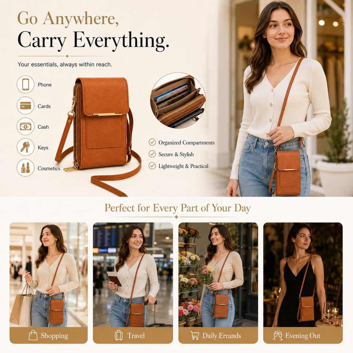 Crossbody Phone Wallet, Anti Theft Leather Bag, Compact Travel Purse with RFID Protection for Hands Free Access