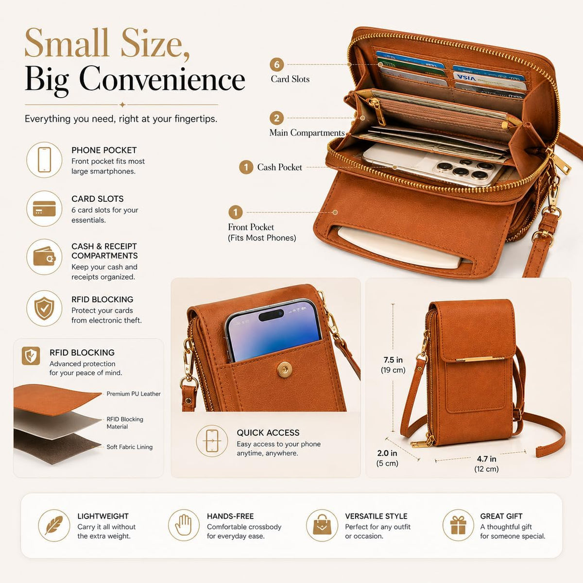 Crossbody Phone Wallet, Anti Theft Leather Bag, Compact Travel Purse with RFID Protection for Hands Free Access