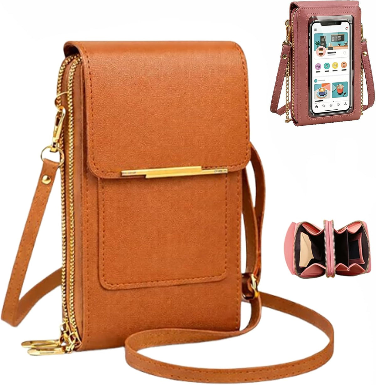 Crossbody Phone Wallet, Anti Theft Leather Bag, Compact Travel Purse with RFID Protection for Hands Free Access