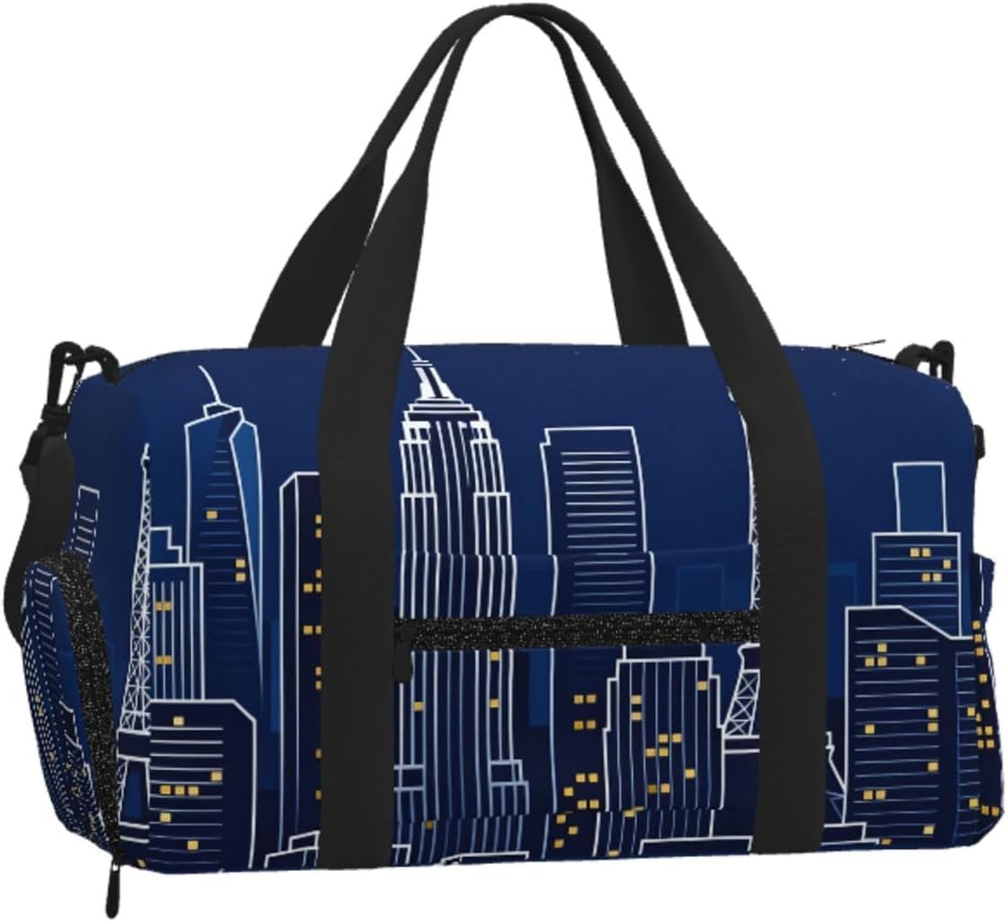 City Skyline Silhouette Duffel Bag with Shoe Compartment-Sports Gym Weekender for Men Women, Waterproof Travel Tote with Wet Pocket for Dirty Shoes