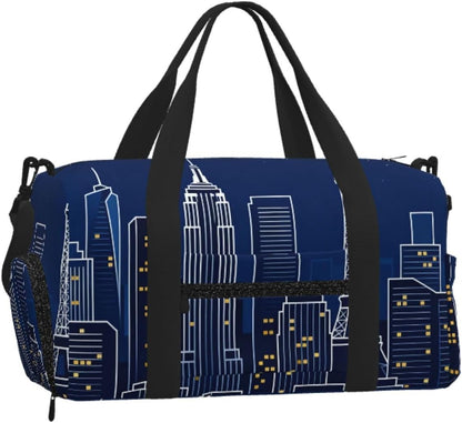 City Skyline Silhouette Duffel Bag with Shoe Compartment-Sports Gym Weekender for Men Women, Waterproof Travel Tote with Wet Pocket for Dirty Shoes
