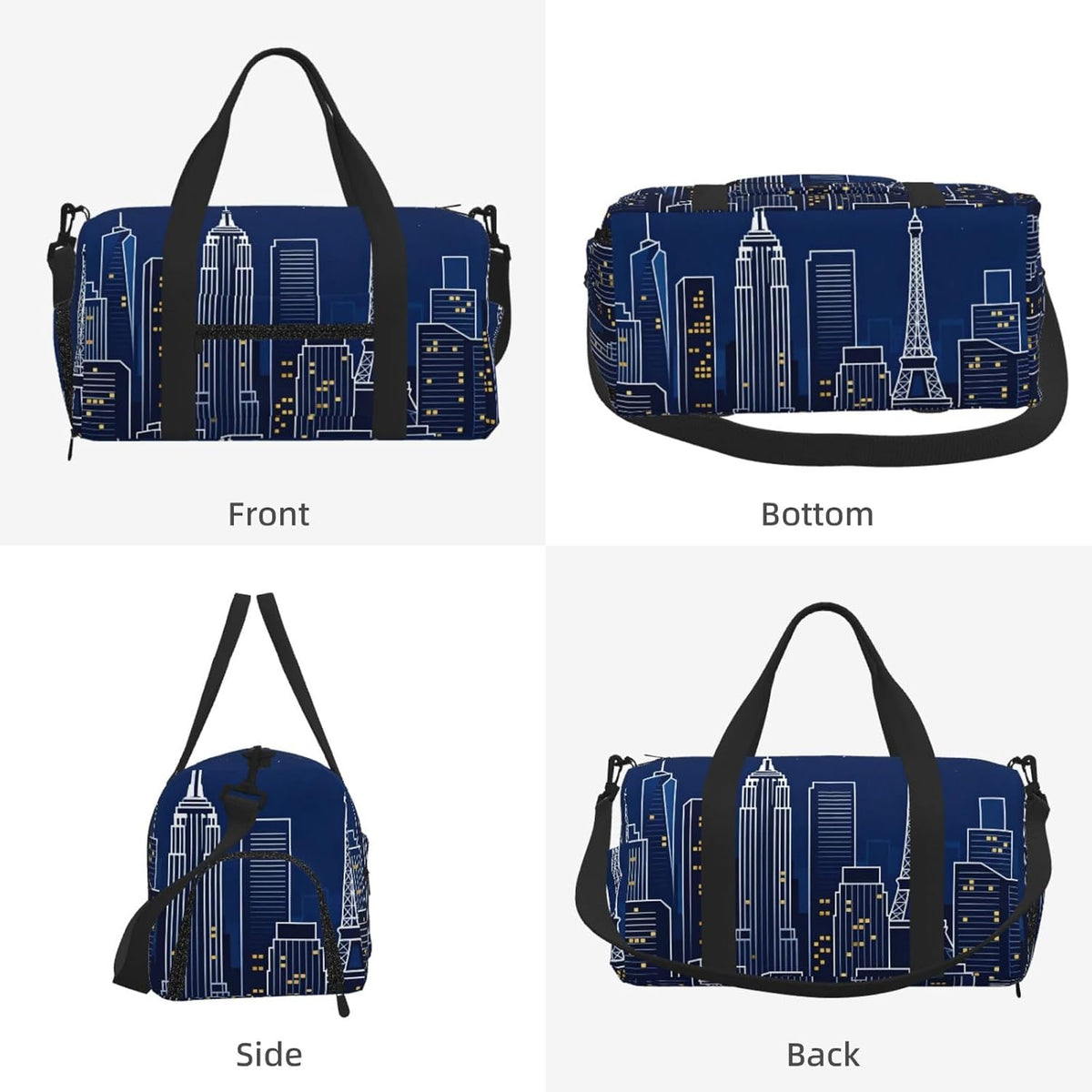 City Skyline Silhouette Duffel Bag with Shoe Compartment-Sports Gym Weekender for Men Women, Waterproof Travel Tote with Wet Pocket for Dirty Shoes