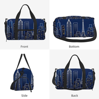 City Skyline Silhouette Duffel Bag with Shoe Compartment-Sports Gym Weekender for Men Women, Waterproof Travel Tote with Wet Pocket for Dirty Shoes