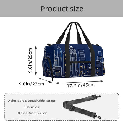 City Skyline Silhouette Duffel Bag with Shoe Compartment-Sports Gym Weekender for Men Women, Waterproof Travel Tote with Wet Pocket for Dirty Shoes