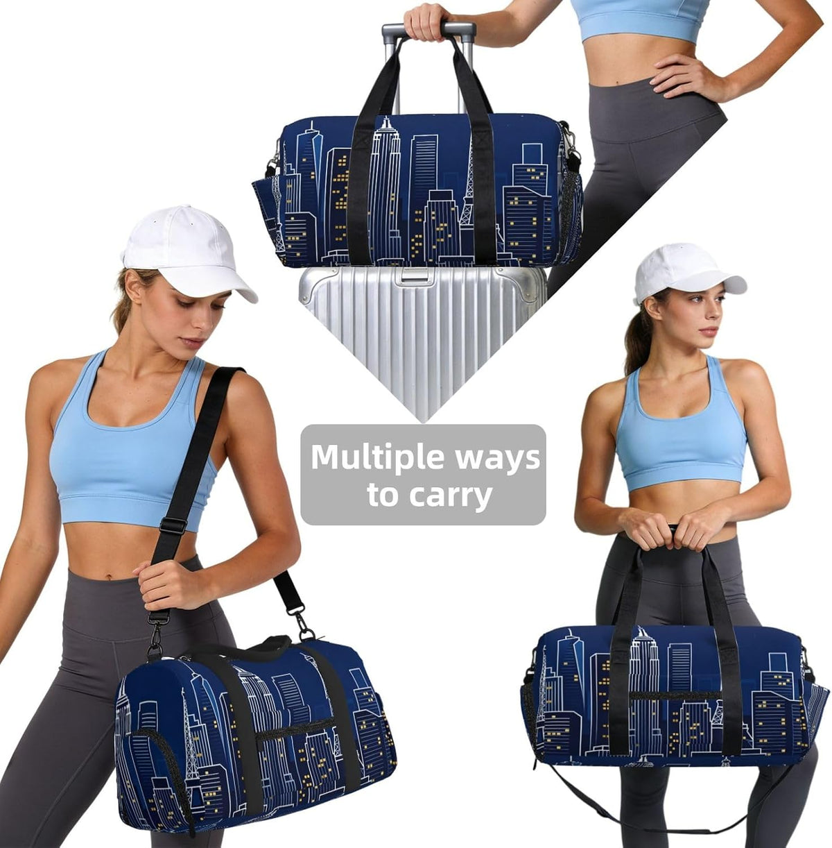 City Skyline Silhouette Duffel Bag with Shoe Compartment-Sports Gym Weekender for Men Women, Waterproof Travel Tote with Wet Pocket for Dirty Shoes