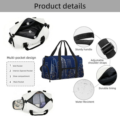 City Skyline Silhouette Duffel Bag with Shoe Compartment-Sports Gym Weekender for Men Women, Waterproof Travel Tote with Wet Pocket for Dirty Shoes