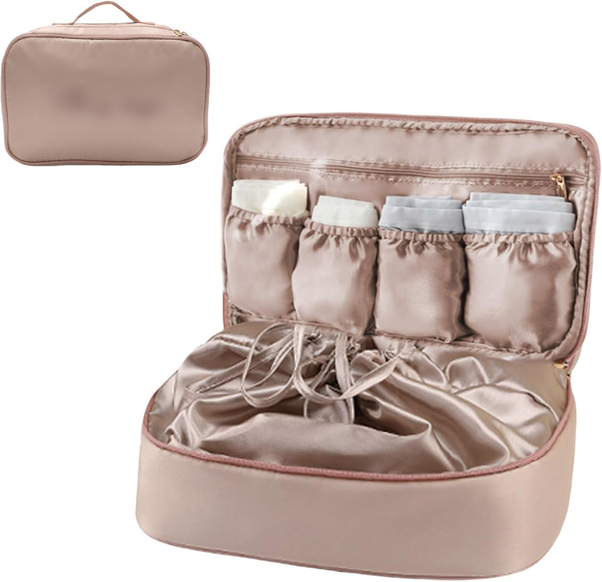 Travel Lingerie Storage Bag Satin Drawstring Organizer Rose Pink | Satin lining,drawstring privacy design,multi divided pockets,portable carry handle,large capacity for bras panties socks