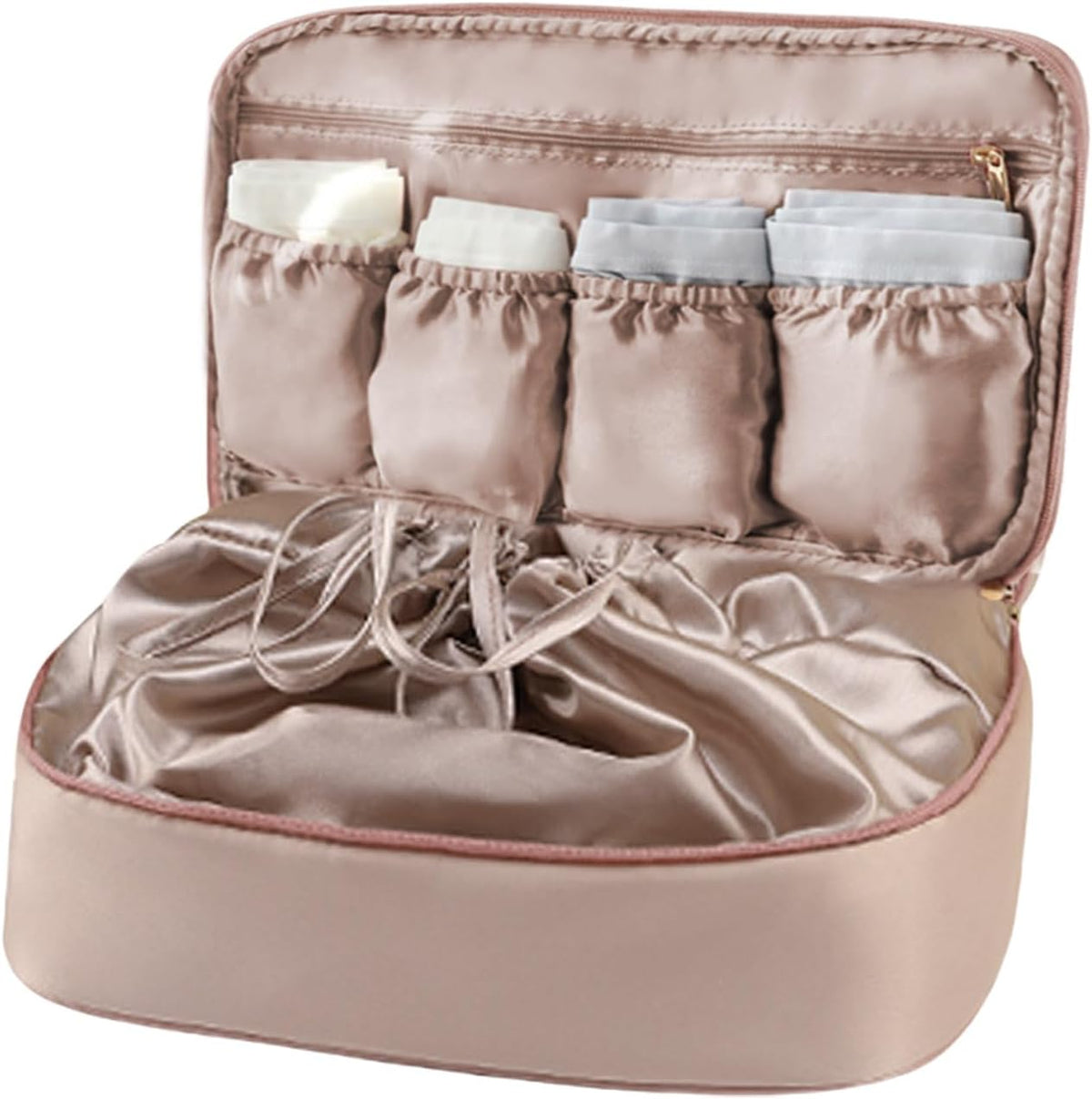 Travel Lingerie Storage Bag Satin Drawstring Organizer Rose Pink | Satin lining,drawstring privacy design,multi divided pockets,portable carry handle,large capacity for bras panties socks