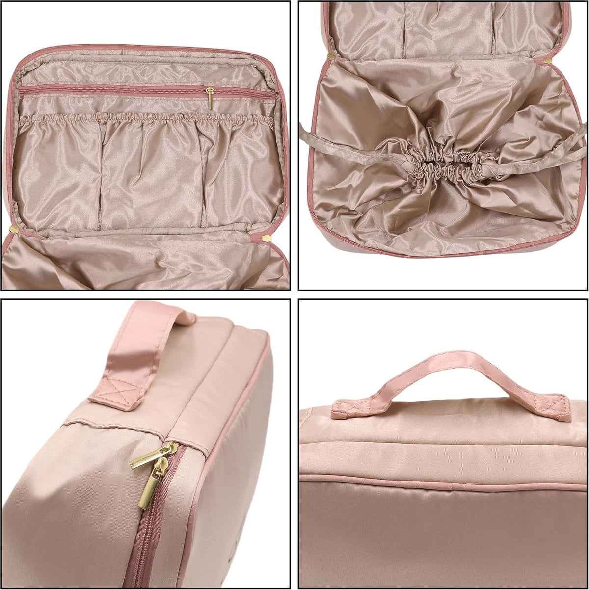 Travel Lingerie Storage Bag Satin Drawstring Organizer Rose Pink | Satin lining,drawstring privacy design,multi divided pockets,portable carry handle,large capacity for bras panties socks