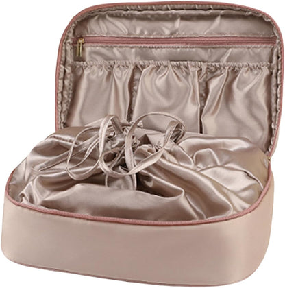 Travel Lingerie Storage Bag Satin Drawstring Organizer Rose Pink | Satin lining,drawstring privacy design,multi divided pockets,portable carry handle,large capacity for bras panties socks