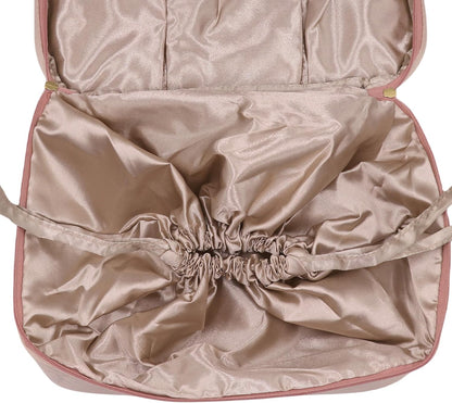 Travel Lingerie Storage Bag Satin Drawstring Organizer Rose Pink | Satin lining,drawstring privacy design,multi divided pockets,portable carry handle,large capacity for bras panties socks