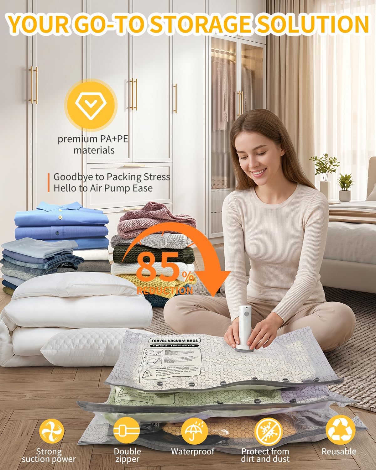 9 Packs Travel Vacuum Storage Bags with 2-in-1 Electric Pump,Space Saver Compression Bags for Luggage & Suitcase, Packing Essentials for Business Travel & College