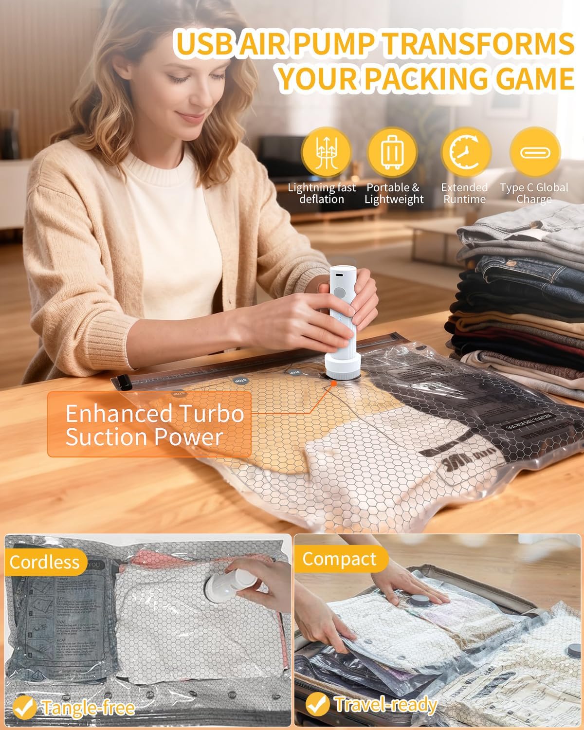 9 Packs Travel Vacuum Storage Bags with 2-in-1 Electric Pump,Space Saver Compression Bags for Luggage & Suitcase, Packing Essentials for Business Travel & College