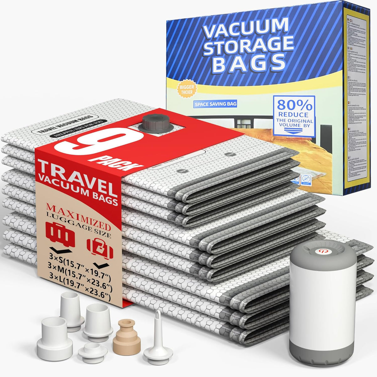 9 Packs Travel Vacuum Storage Bags with 2-in-1 Electric Pump,Space Saver Compression Bags for Luggage & Suitcase, Packing Essentials for Business Travel & College