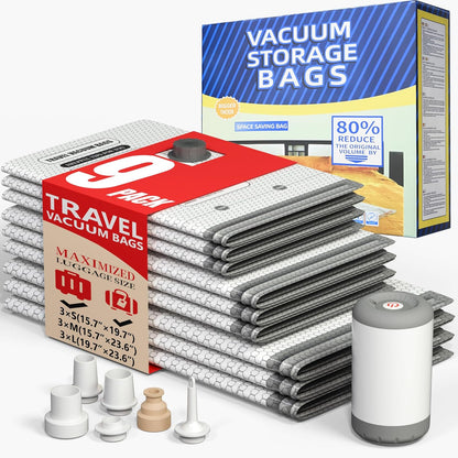 9 Packs Travel Vacuum Storage Bags with 2-in-1 Electric Pump,Space Saver Compression Bags for Luggage & Suitcase, Packing Essentials for Business Travel & College