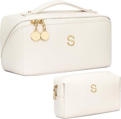 Birthday Gifts for Women Teen Girl, Personalized Initial Makeup Organizer Bag Set, Open Flat Travel Cosmetic Bag With Clear Divider and Handle(Large-Beige,A)