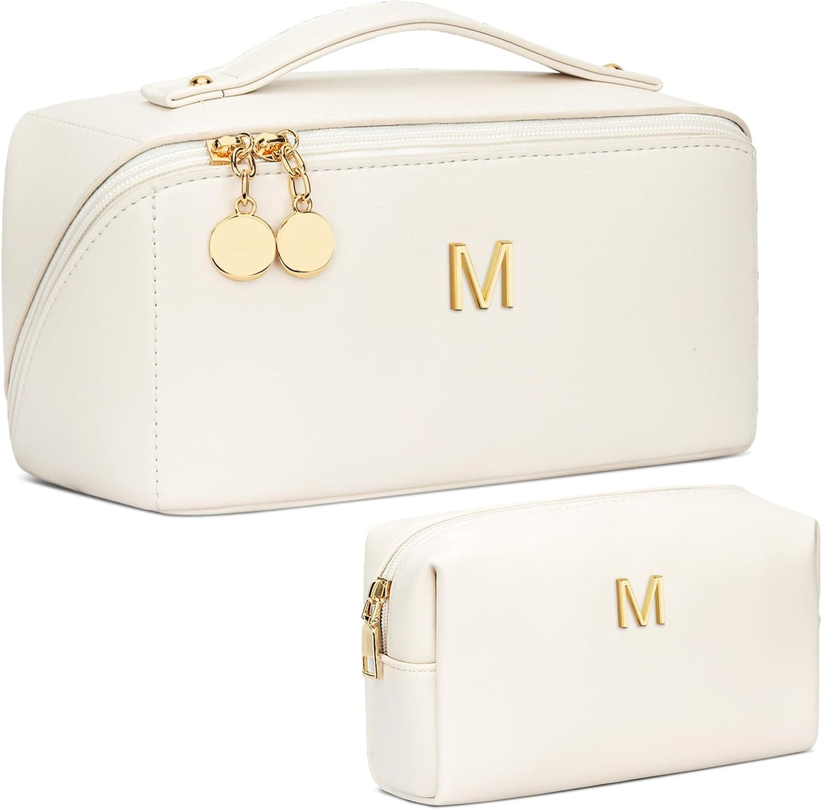 Birthday Gifts for Women Teen Girl, Personalized Initial Makeup Organizer Bag Set, Open Flat Travel Cosmetic Bag With Clear Divider and Handle(Large-Beige,A)