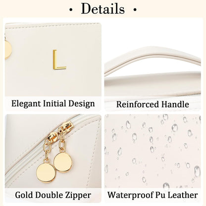 Birthday Gifts for Women Teen Girl, Personalized Initial Makeup Organizer Bag Set, Open Flat Travel Cosmetic Bag With Clear Divider and Handle(Large-Beige,A)