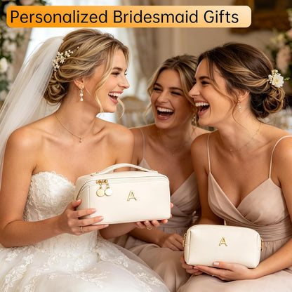 Birthday Gifts for Women Teen Girl, Personalized Initial Makeup Organizer Bag Set, Open Flat Travel Cosmetic Bag With Clear Divider and Handle(Large-Beige,A)