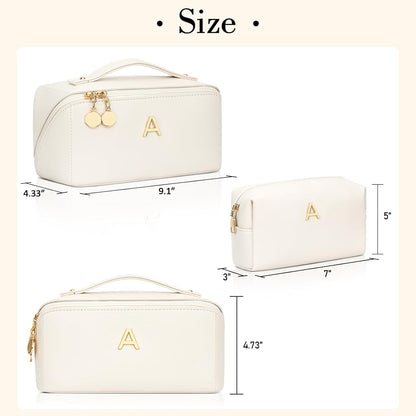 Birthday Gifts for Women Teen Girl, Personalized Initial Makeup Organizer Bag Set, Open Flat Travel Cosmetic Bag With Clear Divider and Handle(Large-Beige,A)