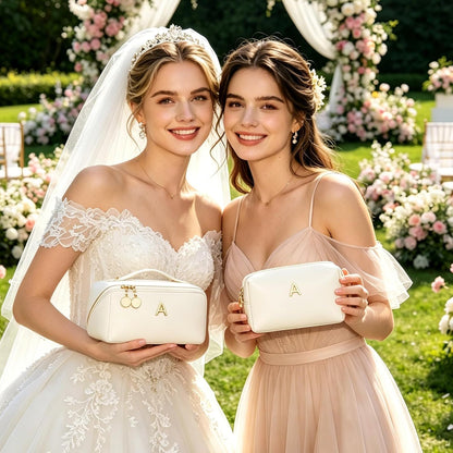 Birthday Gifts for Women Teen Girl, Personalized Initial Makeup Organizer Bag Set, Open Flat Travel Cosmetic Bag With Clear Divider and Handle(Large-Beige,A)