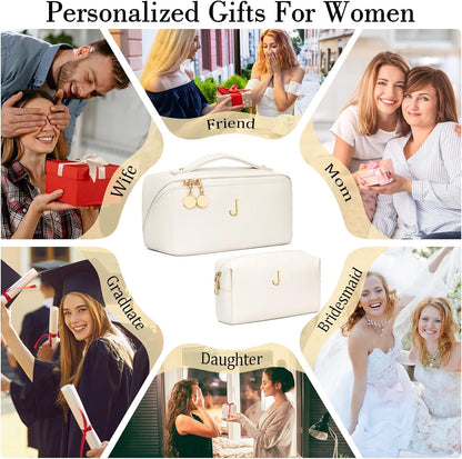 Birthday Gifts for Women Teen Girl, Personalized Initial Makeup Organizer Bag Set, Open Flat Travel Cosmetic Bag With Clear Divider and Handle(Large-Beige,A)