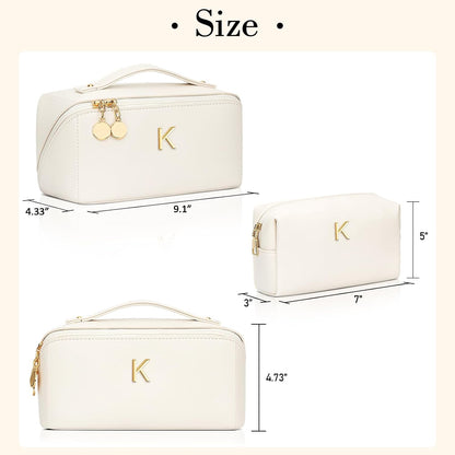 Birthday Gifts for Women Teen Girl, Personalized Initial Makeup Organizer Bag Set, Open Flat Travel Cosmetic Bag With Clear Divider and Handle(Large-Beige,A)