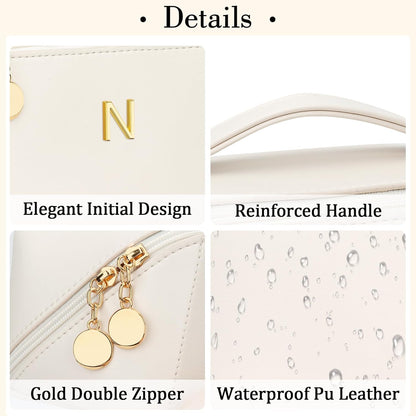 Birthday Gifts for Women Teen Girl, Personalized Initial Makeup Organizer Bag Set, Open Flat Travel Cosmetic Bag With Clear Divider and Handle(Large-Beige,A)