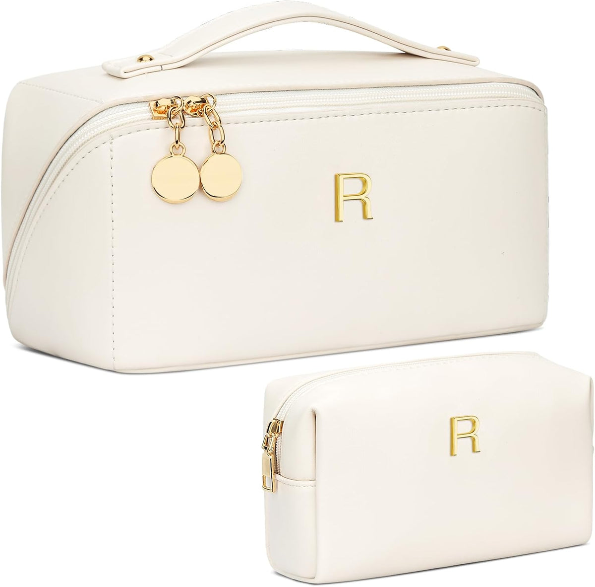 Birthday Gifts for Women Teen Girl, Personalized Initial Makeup Organizer Bag Set, Open Flat Travel Cosmetic Bag With Clear Divider and Handle(Large-Beige,A)