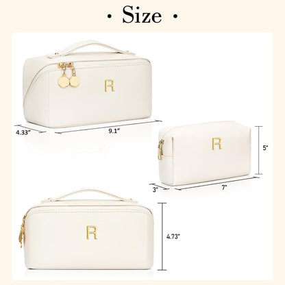 Birthday Gifts for Women Teen Girl, Personalized Initial Makeup Organizer Bag Set, Open Flat Travel Cosmetic Bag With Clear Divider and Handle(Large-Beige,A)