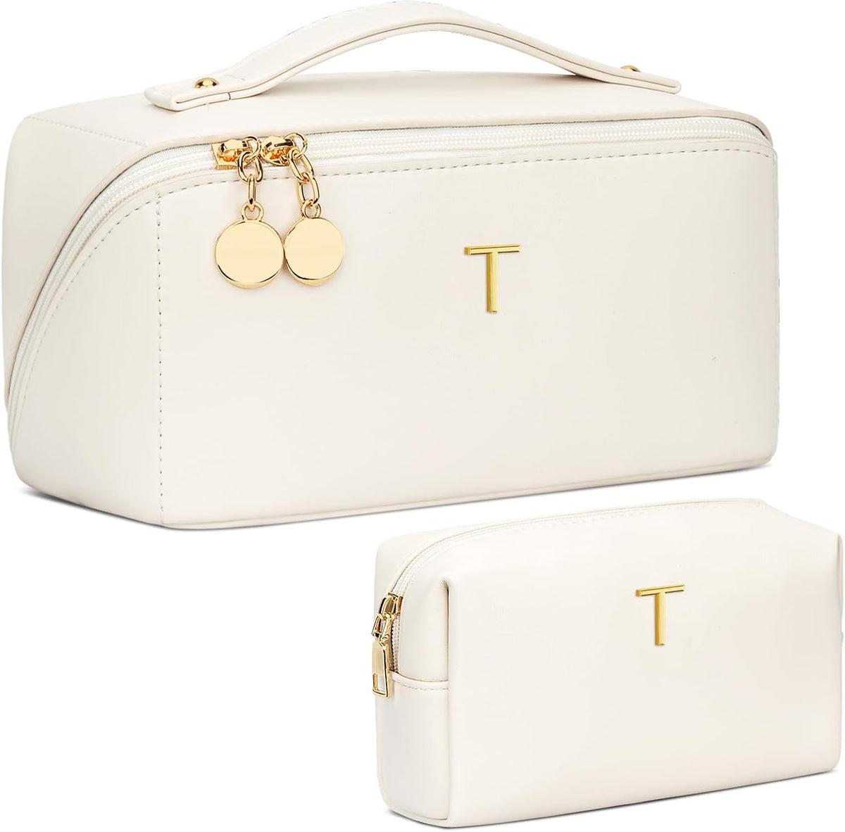Birthday Gifts for Women Teen Girl, Personalized Initial Makeup Organizer Bag Set, Open Flat Travel Cosmetic Bag With Clear Divider and Handle(Large-Beige,A)
