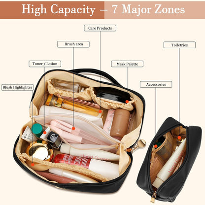Birthday Gifts for Women Teen Girl, Personalized Initial Makeup Organizer Bag Set, Open Flat Travel Cosmetic Bag With Clear Divider and Handle(Large-Beige,A)