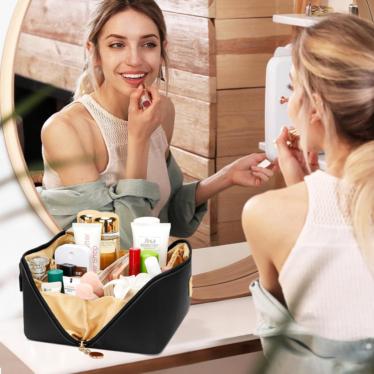 Birthday Gifts for Women Teen Girl, Personalized Initial Makeup Organizer Bag Set, Open Flat Travel Cosmetic Bag With Clear Divider and Handle(Large-Beige,A)