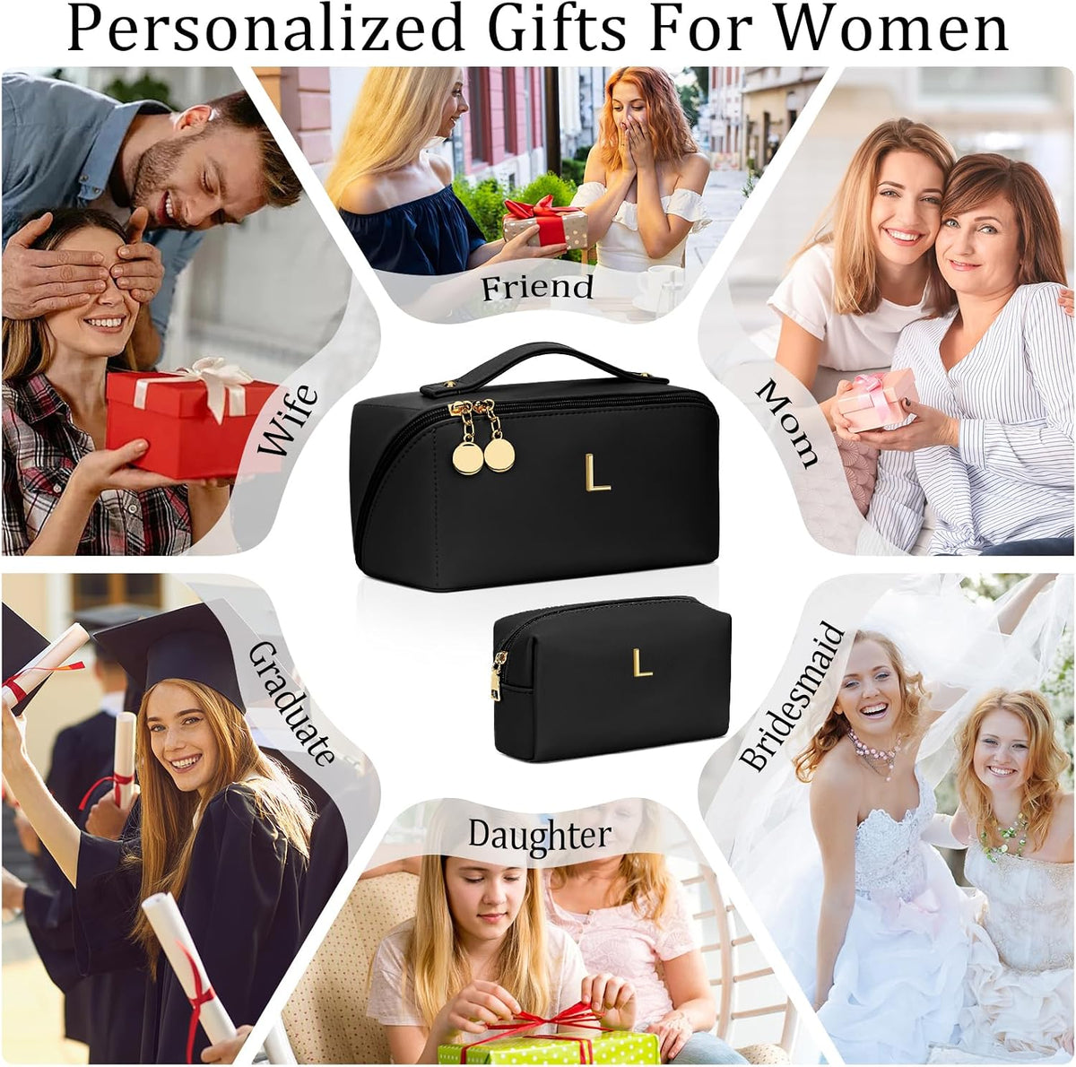 Birthday Gifts for Women Teen Girl, Personalized Initial Makeup Organizer Bag Set, Open Flat Travel Cosmetic Bag With Clear Divider and Handle(Large-Beige,A)