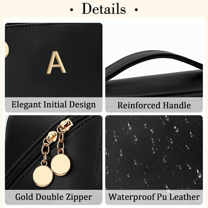Birthday Gifts for Women Teen Girl, Personalized Initial Makeup Organizer Bag Set, Open Flat Travel Cosmetic Bag With Clear Divider and Handle(Large-Beige,A)