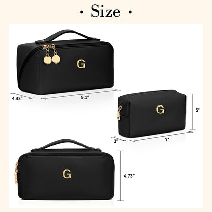 Birthday Gifts for Women Teen Girl, Personalized Initial Makeup Organizer Bag Set, Open Flat Travel Cosmetic Bag With Clear Divider and Handle(Large-Beige,A)