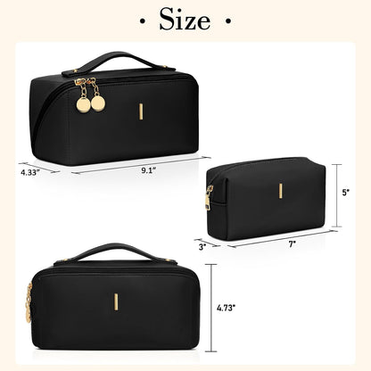 Birthday Gifts for Women Teen Girl, Personalized Initial Makeup Organizer Bag Set, Open Flat Travel Cosmetic Bag With Clear Divider and Handle(Large-Beige,A)