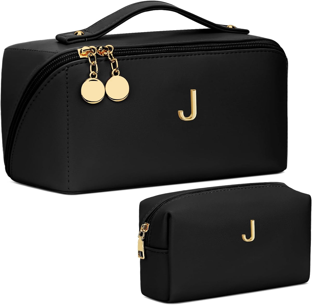 Birthday Gifts for Women Teen Girl, Personalized Initial Makeup Organizer Bag Set, Open Flat Travel Cosmetic Bag With Clear Divider and Handle(Large-Beige,A)