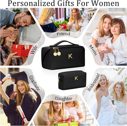 Birthday Gifts for Women Teen Girl, Personalized Initial Makeup Organizer Bag Set, Open Flat Travel Cosmetic Bag With Clear Divider and Handle(Large-Beige,A)