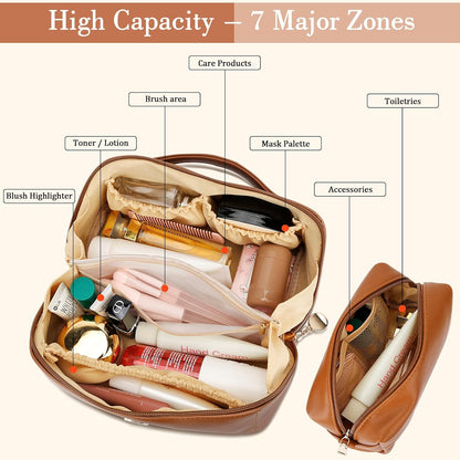 Birthday Gifts for Women Teen Girl, Personalized Initial Makeup Organizer Bag Set, Open Flat Travel Cosmetic Bag With Clear Divider and Handle(Large-Beige,A)