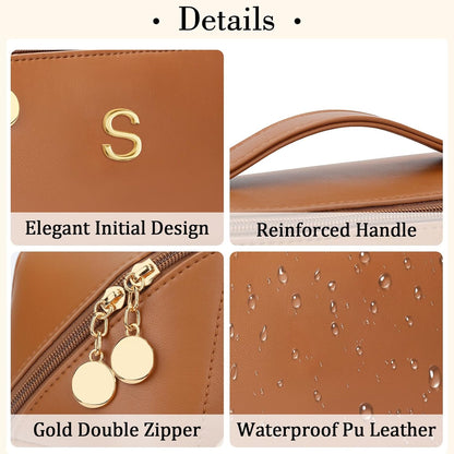 Birthday Gifts for Women Teen Girl, Personalized Initial Makeup Organizer Bag Set, Open Flat Travel Cosmetic Bag With Clear Divider and Handle(Large-Beige,A)