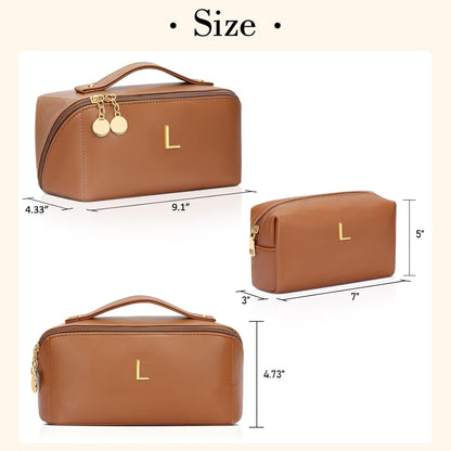 Birthday Gifts for Women Teen Girl, Personalized Initial Makeup Organizer Bag Set, Open Flat Travel Cosmetic Bag With Clear Divider and Handle(Large-Beige,A)