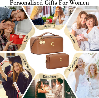Birthday Gifts for Women Teen Girl, Personalized Initial Makeup Organizer Bag Set, Open Flat Travel Cosmetic Bag With Clear Divider and Handle(Large-Beige,A)