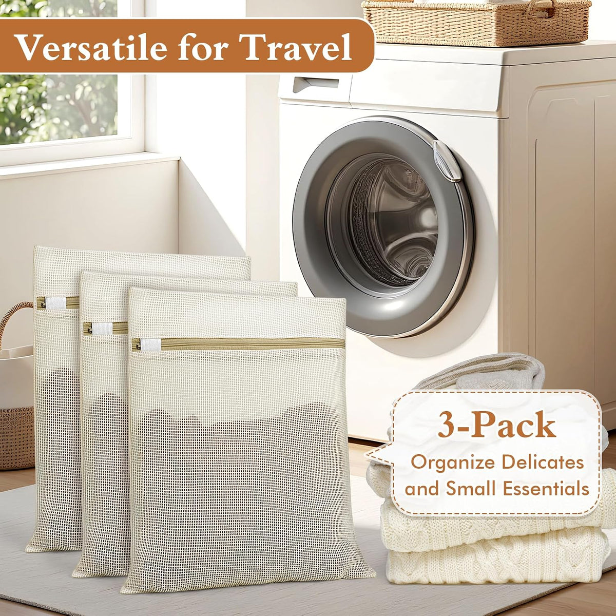 Natural Cotton Mesh Laundry Bags 12x16" 3-Pack,Gentle Wash for Lingerie, Baby Clothes & Travel Essentials