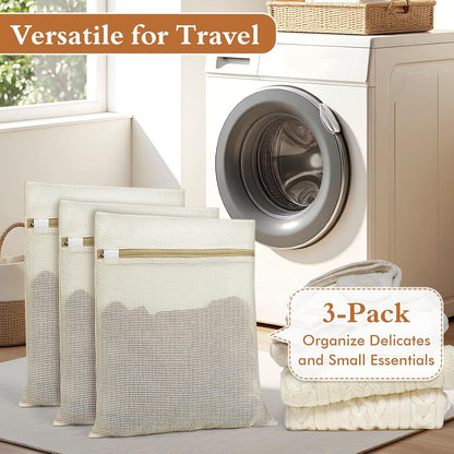 Natural Cotton Mesh Laundry Bags 12x16" 3-Pack,Gentle Wash for Lingerie, Baby Clothes & Travel Essentials