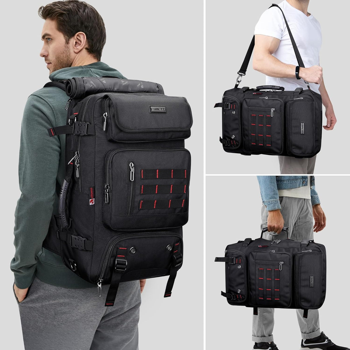 Carry on Travel Backpack for Men Airline Approved Fits 16" Laptop | Nylon 3 in 1 Luggage Duffle Bag with USB Charging Port, Shoe Compartment, For Weekend Getaway, Overnight Trip, B682 Black)