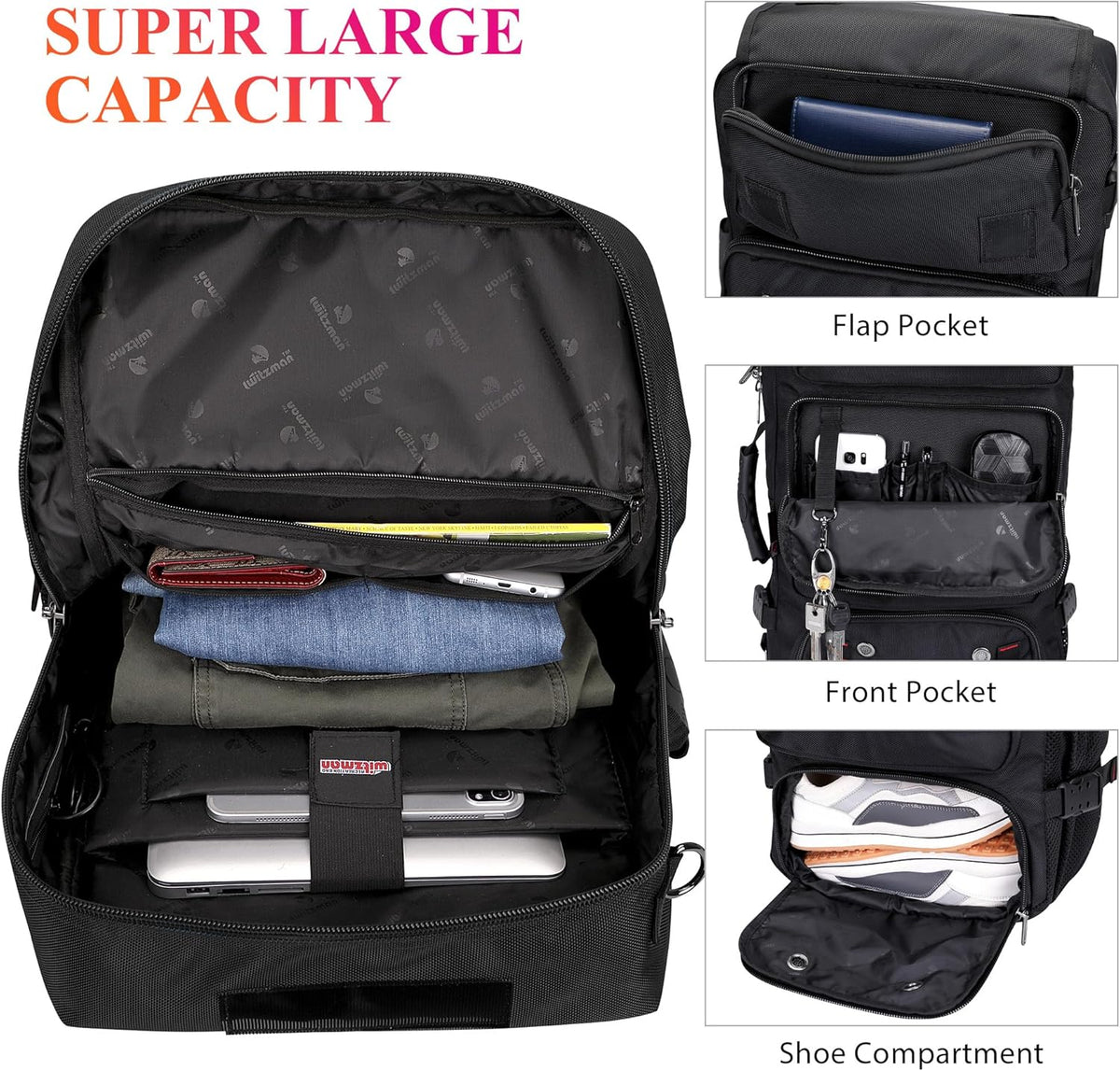 Carry on Travel Backpack for Men Airline Approved Fits 16" Laptop | Nylon 3 in 1 Luggage Duffle Bag with USB Charging Port, Shoe Compartment, For Weekend Getaway, Overnight Trip, B682 Black)